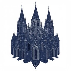 Fototapeta premium Architectural Blue Pixel Art of Gothic Cathedral with Tall Towers on a White Background