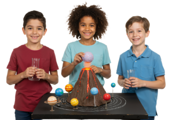 Diverse children learn science hands-on with a volcano and solar system experiment, sparking educational curiosity and discovery