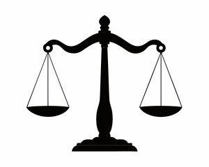 Classic black silhouette of justice scales balanced against a clean white background symbolizing fairness