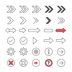 Collection of diverse arrow icons and symbols representing direction navigation and action in a clean flat design