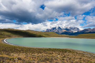 View of the mountain landscape in the national park Torres del Paine, Patagonia, Chile, South America Laguna Amarga lagoon.
