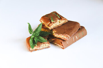 Broken Dubai chocolate with fresh mint
