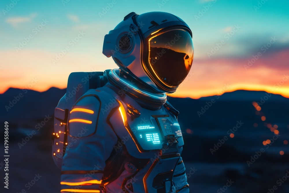 Aufkleber astronaut in a glowing spacesuit navigating the surface of a new planet, surrounded by the stunning 