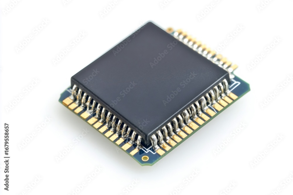 Aufkleber close up of a microchip with visible connecting pins, lying on a white background, representing elec
