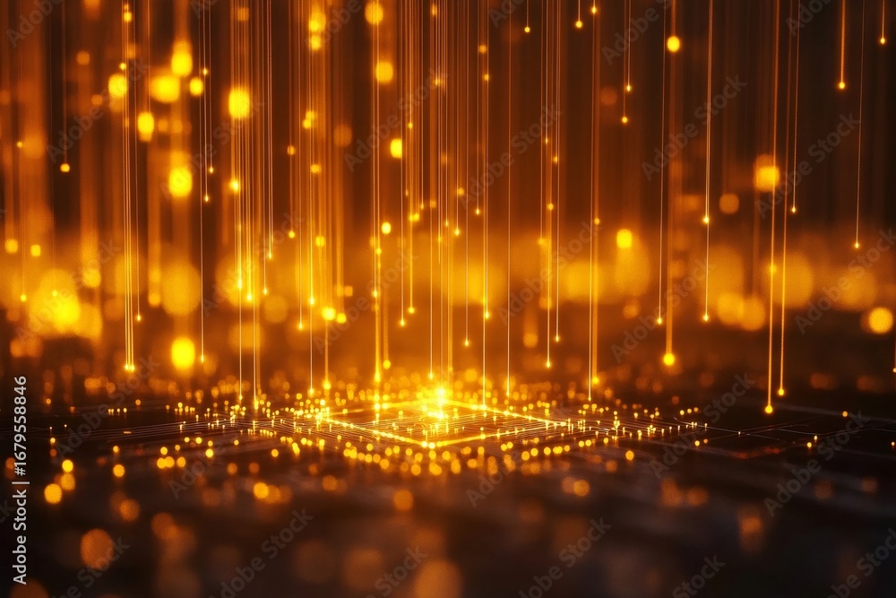 Aufkleber golden light beams falling down on a glowing microchip, symbolizing data transmission and connectivi