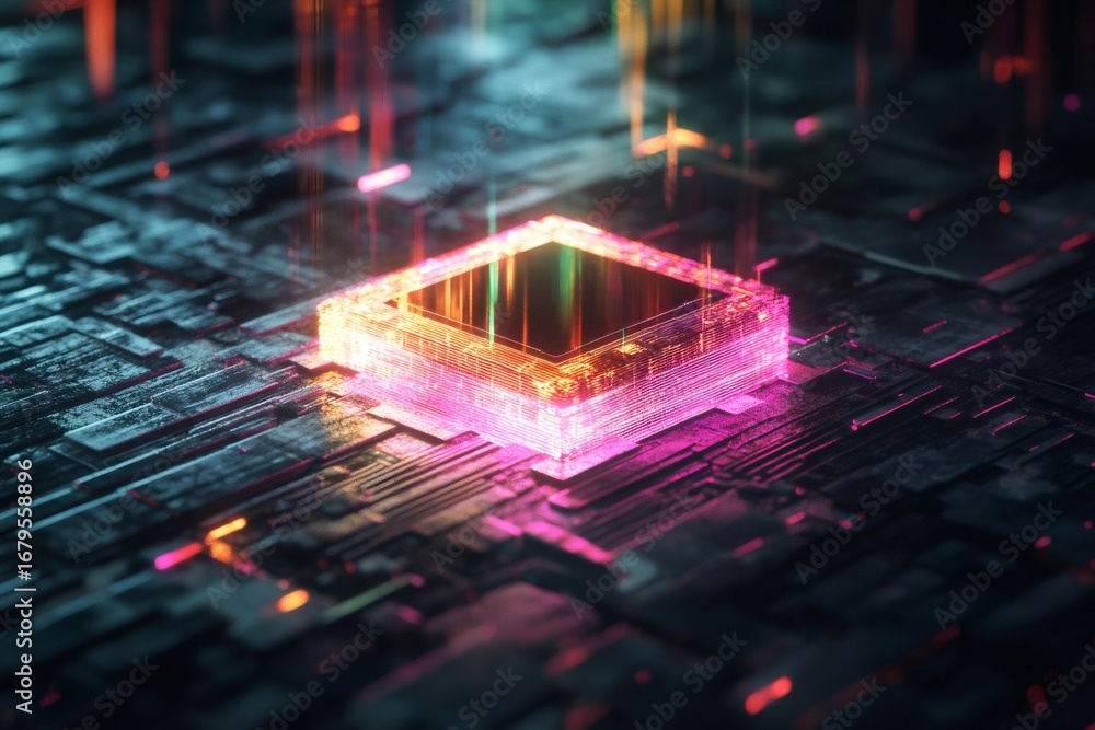 Aufkleber futuristic microchip glowing with holographic data streams, symbolizing advanced computing and techn