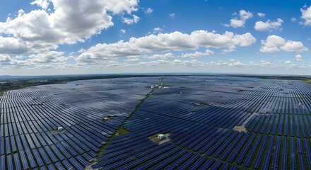 Expansive aerial view of a massive solar farm, showcasing the vast potential of sustainable renewable energy generation under a clear blue sky