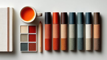 Studio still life featuring art supplies.  A collection of colorful tubes, a cup of tea, and a palette of paints sits on a white surface