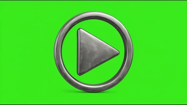 A metallic gray circular ring enclosing a right-pointing triangular play button on a bright green background.
