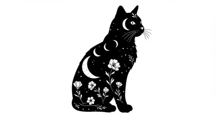 Silhouette of a black cat filled with moons stars and flowers in a mystical design illustration vreated with genrated ai
