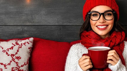 Cozy winter vibes: woman enjoying hot beverage in red winter attire by fireplace - Powered by Adobe