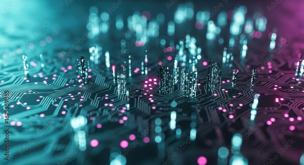 Aufkleber closeup of a futuristic circuit board with glowing neon lights, symbolizing technology and data proc