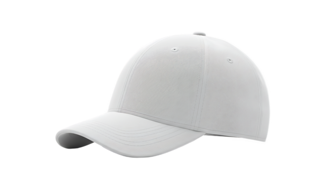 Clean white blank baseball cap mockup in three-quarter view with ribbed texture and eyelets, perfect for design presentation, Transparent Background