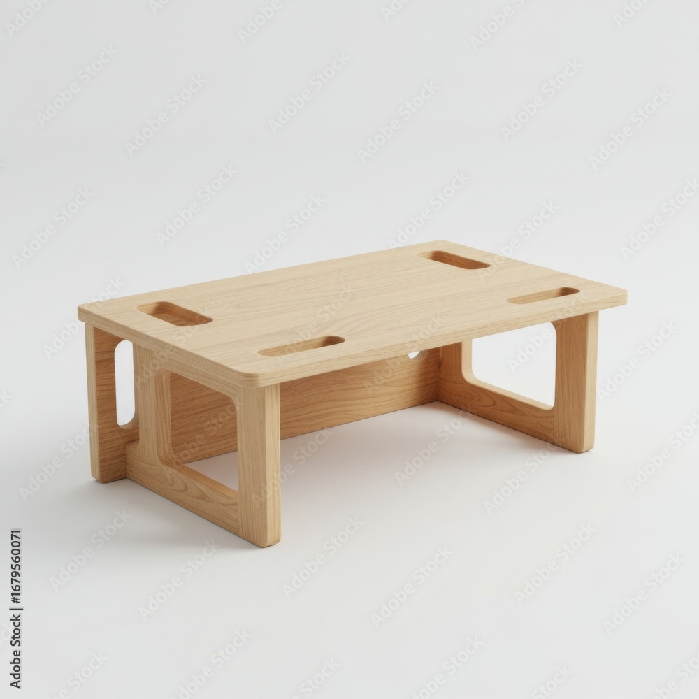 Poster beige wooden table with rectangular shape and holes for portable use on white background