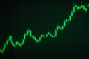 Green candlestick chart showing an upward trend in financial market data on a dark grid background.