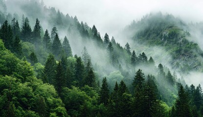 Misty mountain forest scene. Lush green trees on a sloping hillside, enveloped in a light, misty fog