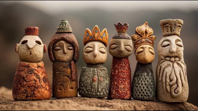 Seven small clay king figurines with crowns, weathered and colorful, lined up on a rocky surface.
