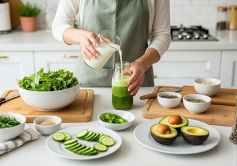 Person preparing a healthy green smoothie with fresh ingredients like avocado, cucumber, and leafy greens