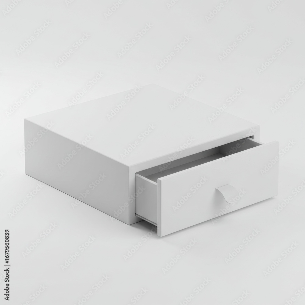 Poster minimalist white drawer opened slightly in soft light for storage solution