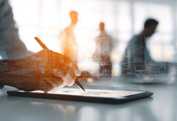 Close-up of person using digital tablet, overlaid with blurred business figures and cityscapes