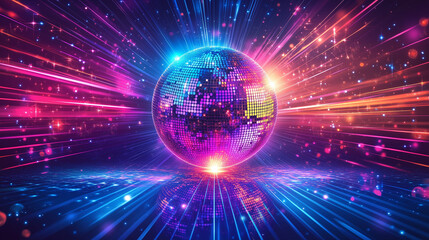 glittering disco ball centerpiece radiating vibrant light streaks retro fonts glowing text dynamic energetic disco party design