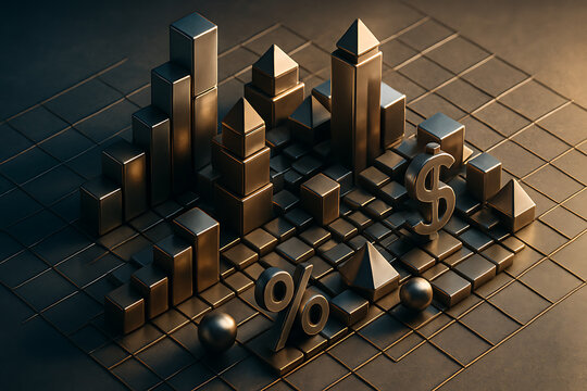 Abstract 3d Cityscape with Financial Symbols and Geometric Shapes