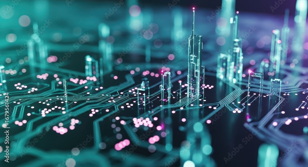 Aufkleber abstract futuristic cityscape made of glowing circuit board lines and digital data streams