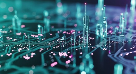 Abstract futuristic cityscape made of glowing circuit board lines and digital data streams
