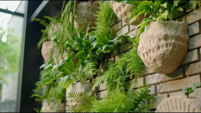 Row of round terracotta pots with lush green ferns along a brick wall.