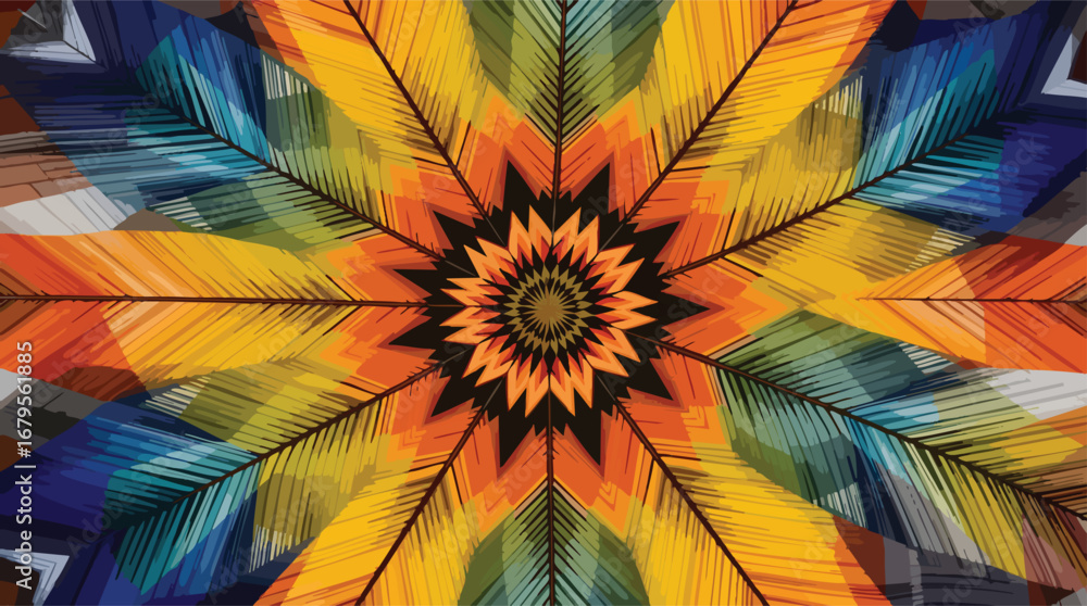 Poster vibrant geometric feather pattern kaleidoscope abstract background vector illustration.