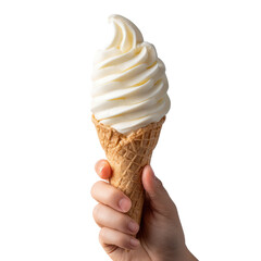 hand grasping a waffle cone adorned with fluffy whipped cream on top, isolated on transparent background