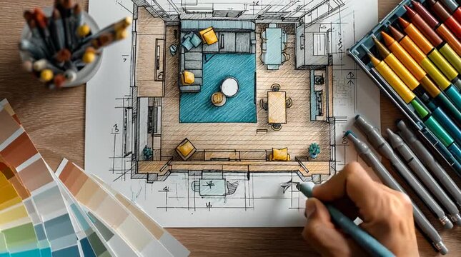 Interior design sketch with color palette markers and hand drawing plan
