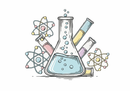 Chemistry lab illustration for science education: beaker, test tubes, atom models. Perfect for World Teacher's Day, STEM learning, and school.