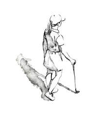 Illustration, black and white graphic, hand drawn ink sketch of a female golfer standing on the field with a club, top view. High quality photo