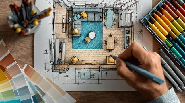Interior design sketch with color palette markers and hand drawing plan