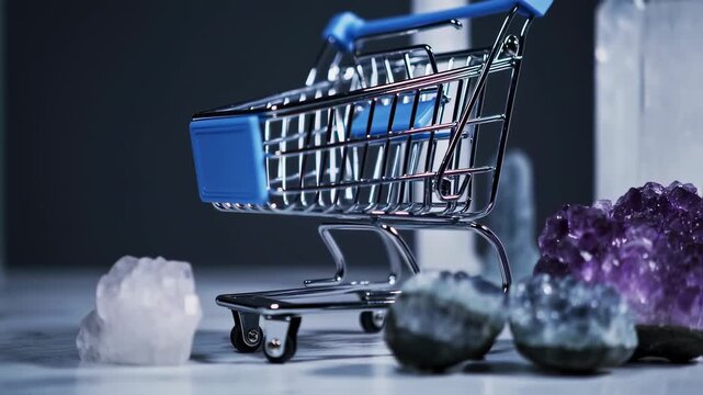 Shiny shopping cart loaded with amethyst clusters and clear quartz points display