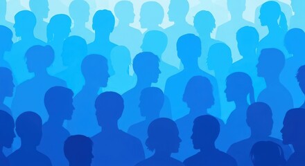 Abstract background of many blue silhouettes of peoples heads and shoulders, representing a crowd or community with a sense of unity and connection
