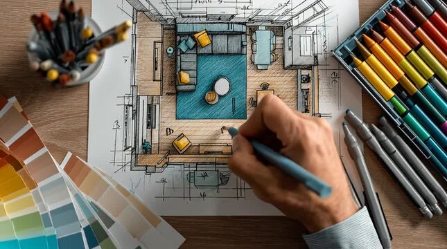 Interior design sketch with color palette markers and hand drawing plan