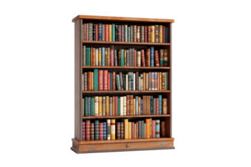 Classic Wooden Bookcase Filled with Books on Transparent Background