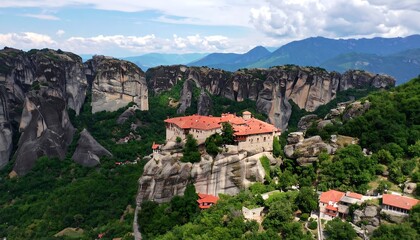 Monastery nestled in rocky mountains