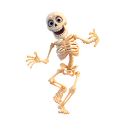 A cute 3D cartoon skeleton smiles and has its arms raised. Perfect for Halloween. On a white background.