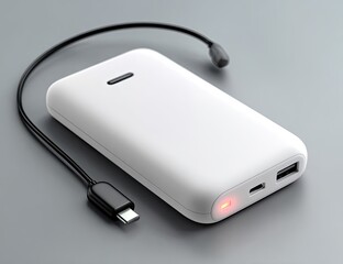 A white portable battery pack for mobile devices, angled on a neutral gray surface.  A black USB-C charging cable is connected, and a small red indicator light glows near the base
