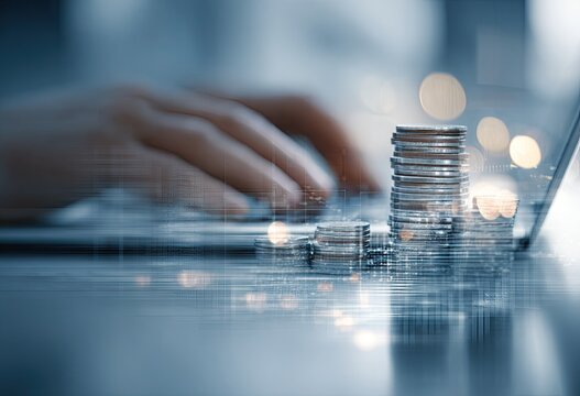 Hands typing on laptop, coins stacked. Abstract overlay
