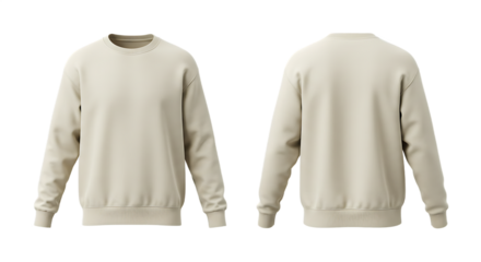 Blank Cream Beige Sweatshirt Mockup, Front and Back Views. Casual Long Sleeve Crew Neck Pullover Template with Ribbed Cuffs and Hem for Fashion and E-commerce Design Display, Transparent Background.