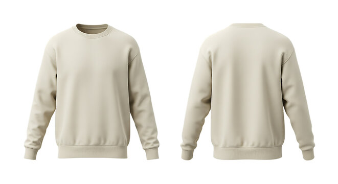 Blank Cream Beige Sweatshirt Mockup, Front and Back Views. Casual Long Sleeve Crew Neck Pullover Template with Ribbed Cuffs and Hem for Fashion and E-commerce Design Display, Transparent Background.