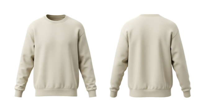 Blank Cream Beige Sweatshirt Mockup, Front and Back Views. Casual Long Sleeve Crew Neck Pullover Template with Ribbed Cuffs and Hem for Fashion and E-commerce Design Display, Transparent Background.