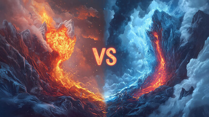 vs themed digital artwork icy frozen landscape versus fiery volcanic terrain dramatic bold high contrast fantasy design