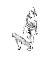 Illustration, black and white graphic, hand drawn ink sketch of a female golfer walking on the field with a club, top view. High quality photo