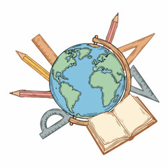 Global education concept for World Teacher's Day. Earth globe, open book, and school supplies representing knowledge and learning.