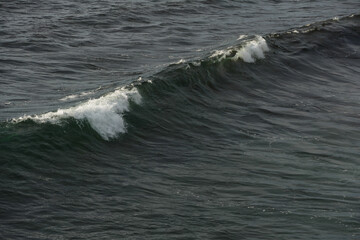 Pacific shore with white wave and blue ocean